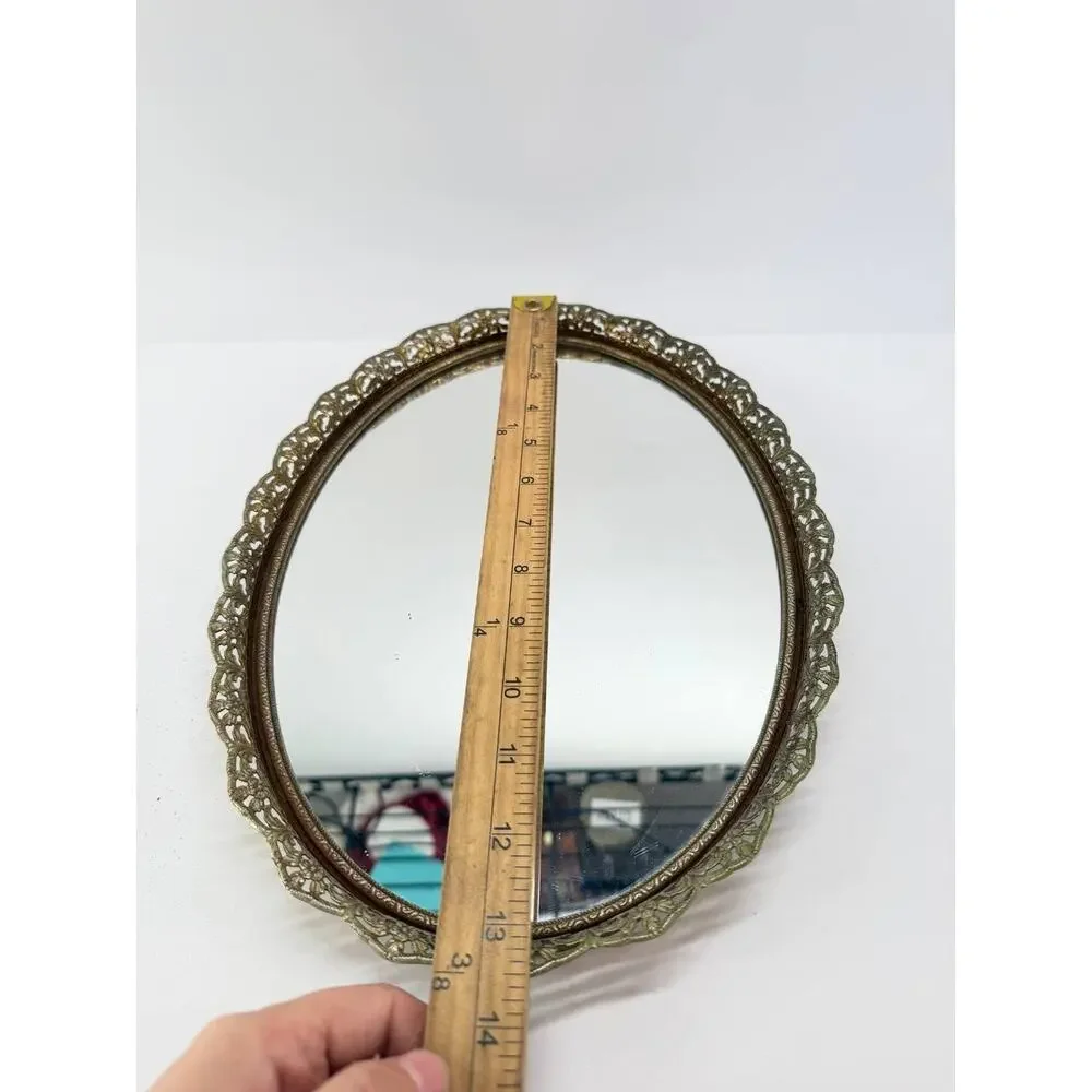 Vintage Round Wall Mirror Ornate Gold Tone Filigree Metal Floral Frame